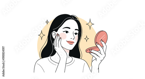 Beautiful young woman applying makeup powder with a compact mirror while looking at her reflection with a happy face.