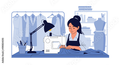 Talented female tailor working on a sewing machine in her workshop with clothes racks and a mannequin in the background.