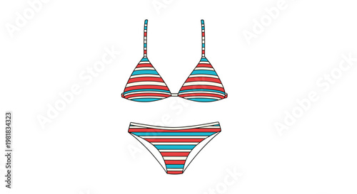 Striped two-piece bikini swimsuit with red, white, and blue horizontal lines isolated on a white background for summer.