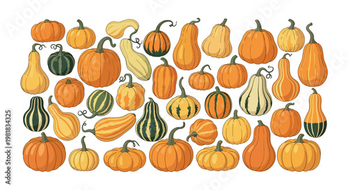 Large variety of pumpkins and squashes in different shapes, sizes, and colors representing a bountiful autumn harvest.
