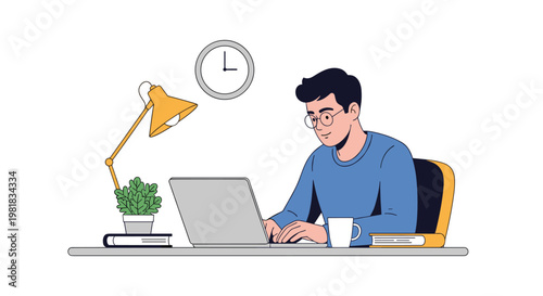 Young man wearing glasses sitting at a desk and working intently on a laptop with a lamp, coffee, and plant at home.