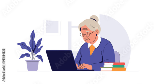 Senior woman with glasses sitting at a desk and working on a laptop computer with a plant and books in a home office.