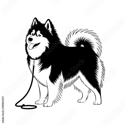 Monochrome Samoyed dog illustration, showing a happy fluffy canine with a leash, standing playfully. This Samoyed dog drawing highlights thick fur and curled tail.
