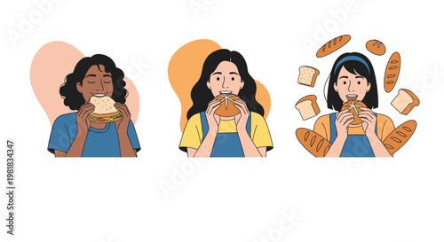 Set of illustrations showing diverse women enjoying different types of bread and sandwiches with various ingredients.