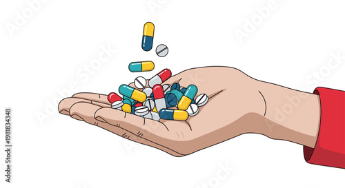 Close-up of a hand holding a large pile of various colorful medicinal pills and capsules with some falling from above.
