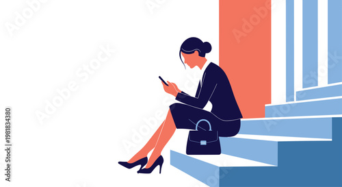Side view of a businesswoman in a suit sitting on stairs and looking at her smartphone while holding a handbag outside.