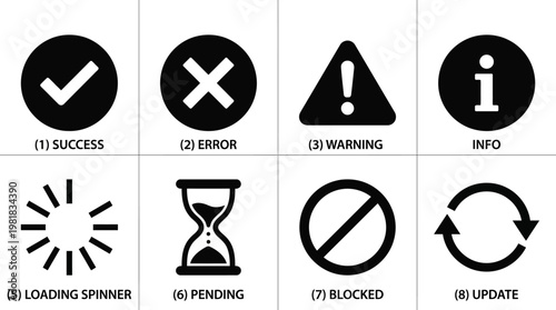 vector, ui, icon, interface, design, app, web, check, mark, success, cancel, error, x, warning, alert, exclamation, information, info, loading, progress, spinner, dots, clock, time, schedule, prohibit