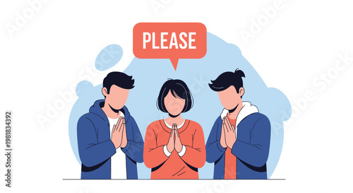 Group of people with their hands pressed together in a prayer or pleading gesture under a speech bubble saying please.