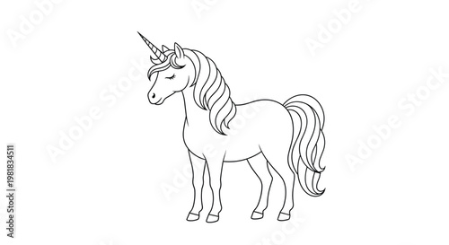 Simple and elegant black and white line drawing of a majestic unicorn standing in a profile view on a white background.