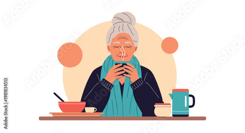 Peaceful elderly woman with a gray hair bun enjoying a hot cup of tea at a table in a cozy and warm home environment.