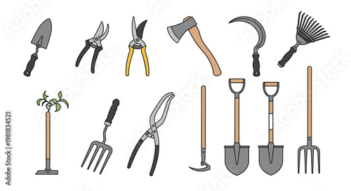 Essential set of gardening tools including shovels, shears, an axe, and a rake for yard maintenance and planting.