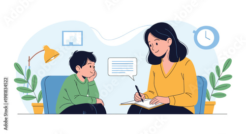 Young boy talking to a female therapist who is taking notes in a supportive and friendly clinical office setting.