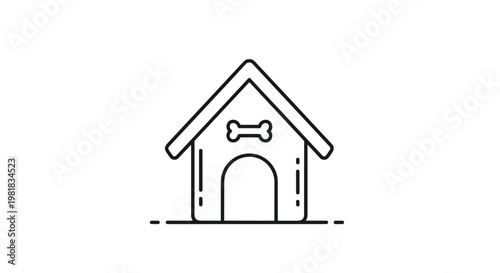 Minimalist black and white line icon of a classic dog house with a bone symbol on the front for pet related branding.