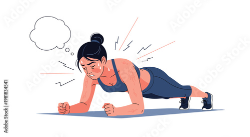 Determined young woman performing a plank exercise while sweating and showing physical effort during a workout.