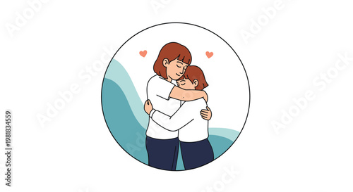 Two young girls sharing a warm and supportive hug inside a circular frame with small pink heart icons above them.