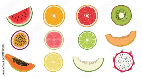 Large set of colorful exotic fruit slices and wedges shown from a top down perspective on a plain white background.