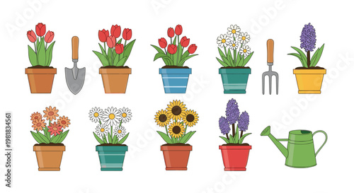 Assorted garden flowers in colorful pots along with traditional gardening tools like a shovel fork and a watering can.
