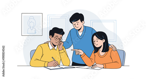 Group of diverse college students studying together and discussing their school work in a modern library or classroom.