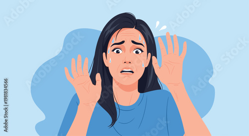 Stressed and anxious young woman with sweat on her forehead raising her hands in fear or panic against a blue background.