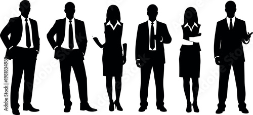 Black silhouette vector illustration of business team icons in formal attire, corporate group symbol set, decorative minimal composition