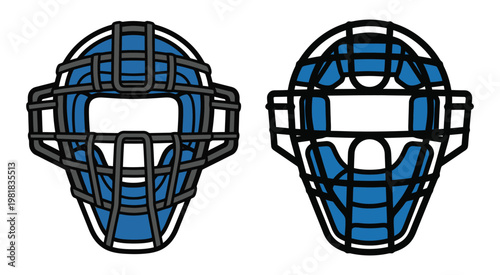 Two professional baseball catcher masks with blue padding and black protective metal cages in a flat vector style