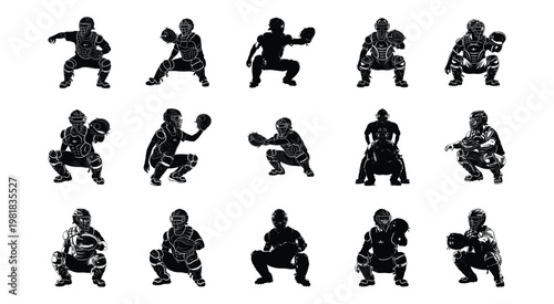Collection of black silhouette baseball catcher poses showing various crouching positions and gear in vector style