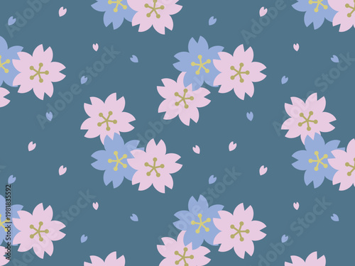 紺色の背景にピンクと水色の桜が華やかに舞う和風のデザイン背景で、春の訪れを感じさせる可愛らしく上品なベクターイラスト素材 / Elegant Japanese style vector background illustration featuring pink and light blue cherry blossoms dancing on a calm navy blue backdrop,