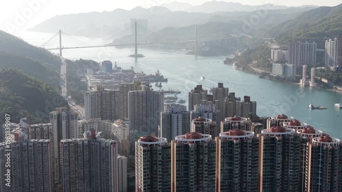 Hong kong cityscape with rambler channel and tsing ma bridge