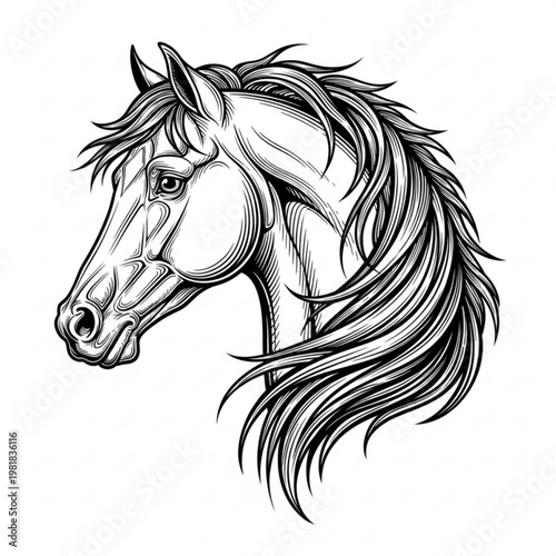A black and white vector illustration of a horse's head with a flowing mane