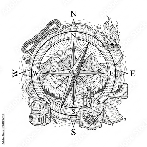 A detailed vector illustration of a compass surrounded by camping gear and mountain scenery