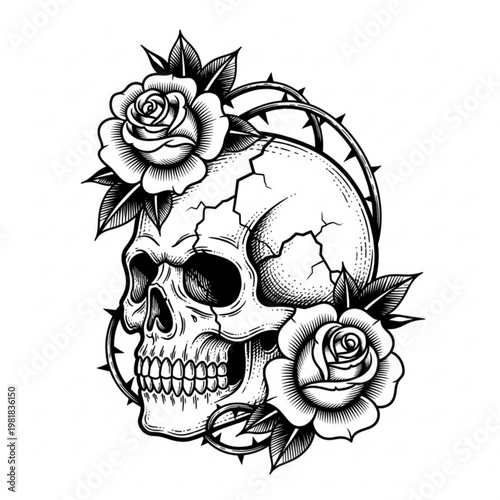 A black and white illustration of a skull with roses and barbed wire, symbolizing danger and beauty.