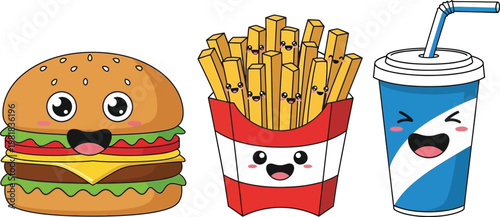 Animated fast food items with expressive faces in a fun cartoon style Vector