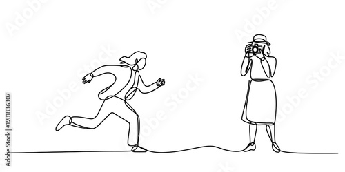 A continuous line drawing showing a photographer taking a picture of a person running quickly by.