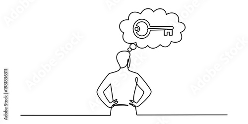 A single line drawing of a person thinking about the solution represented by a simple door key