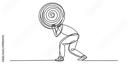 Continuous line drawing of a person struggling to carry a large spiral representing heavy burden.