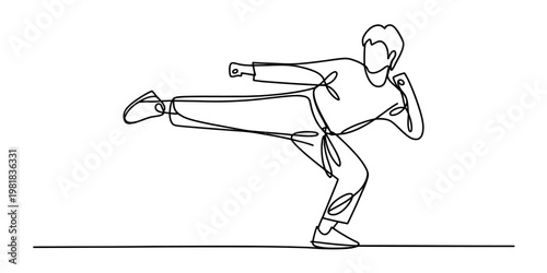 A single continuous line drawing depicting a martial artist performing a powerful side kick move.