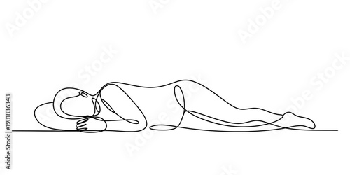 A minimalist continuous line drawing of a person resting peacefully while lying on their side.