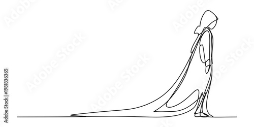 A minimalist single line drawing of a mysterious hooded figure wearing a long trailing robe gown