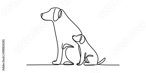 Minimalist continuous line art illustration featuring a mother dog sitting with her small puppy