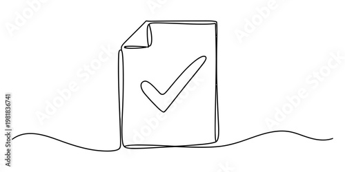 A single continuous line drawing of a document page icon featuring a prominent check mark symbol Vector, illustration