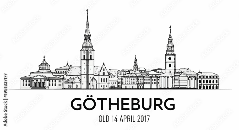 Naklejka premium Stylized black and white drawing of a city skyline with varied architecture and prominent towers