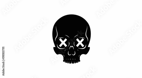 Stylized black skull with white X eyes on a white background