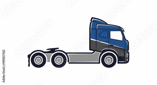 Stylized blue and grey semi-truck cab and chassis illustration on white