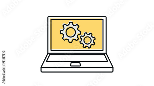 Laptop settings and system optimization icon: portable computer with gears on screen, soft colors offset fill and black line vector illustration.