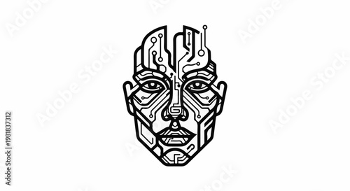 Stylized black and white human face with circuit board integrated
