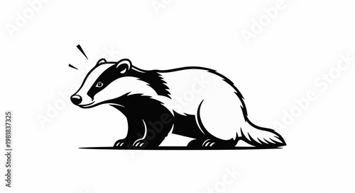 Stylized black and white illustration of a badger