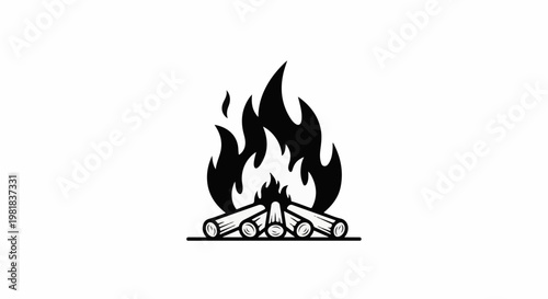 Stylized black and white illustration of a campfire with flames and logs