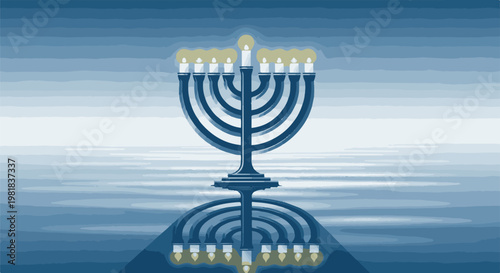 Stylized blue menorah with glowing candles reflected below