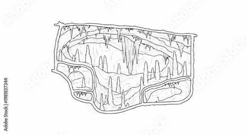 Stylized black and white illustration of a cave interior with stalactites and stalagmites