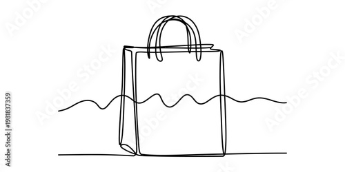 A minimalist single line drawing illustration of a simple paper shopping bag on a white background Vector, illustration